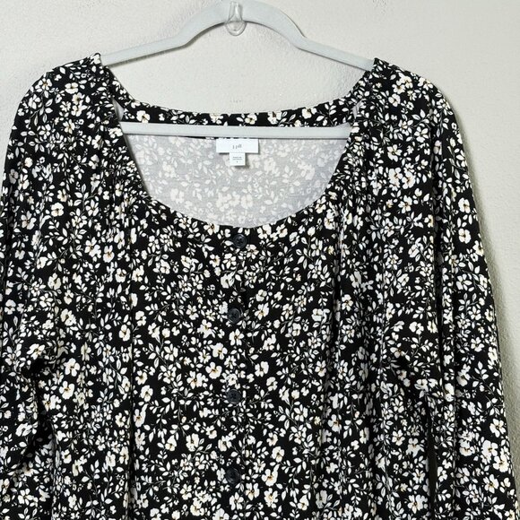 J Jill Midi Dress Size L Black White Floral Button Front 3/4 Sleeve Cottage - Picture 2 of 12